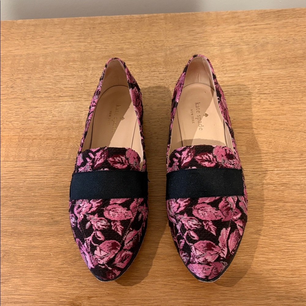 kate spade Pink and Black Floral Jacquard Loafers